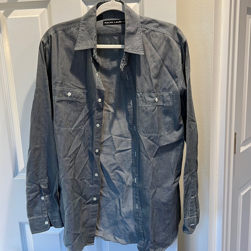 Ralph Lauren button down, long sleeve, blue, and white striped shirt
